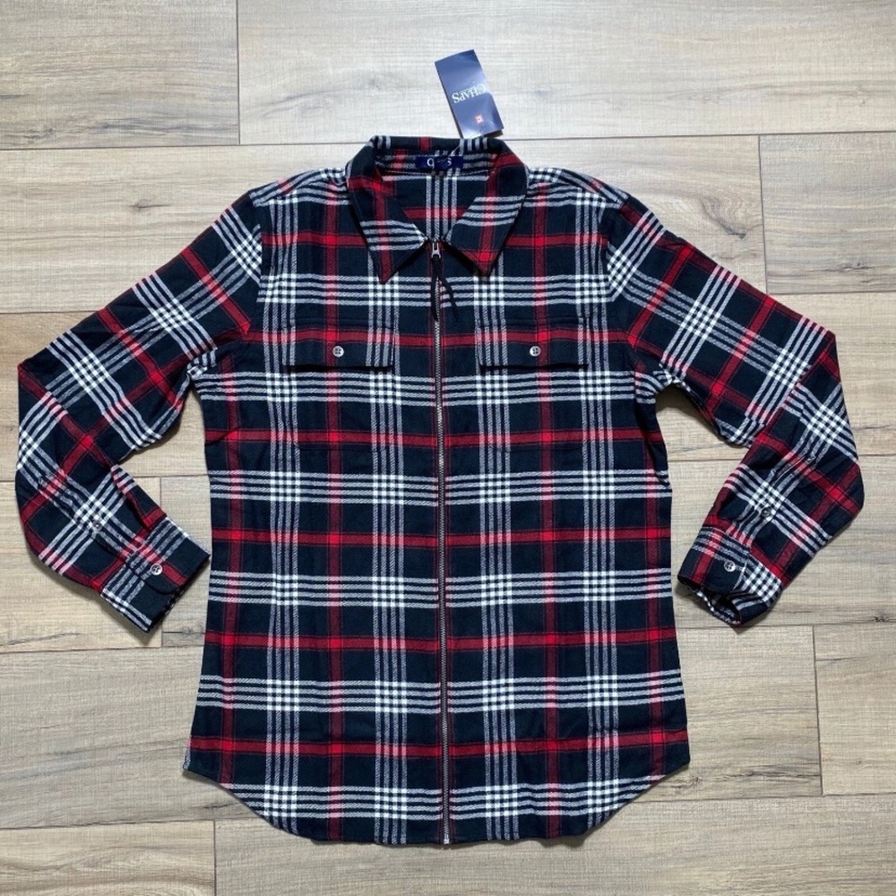 Chaps Womens Plaid Zip Front Long Sleeve Shirt Size Medium Black‎ Red White